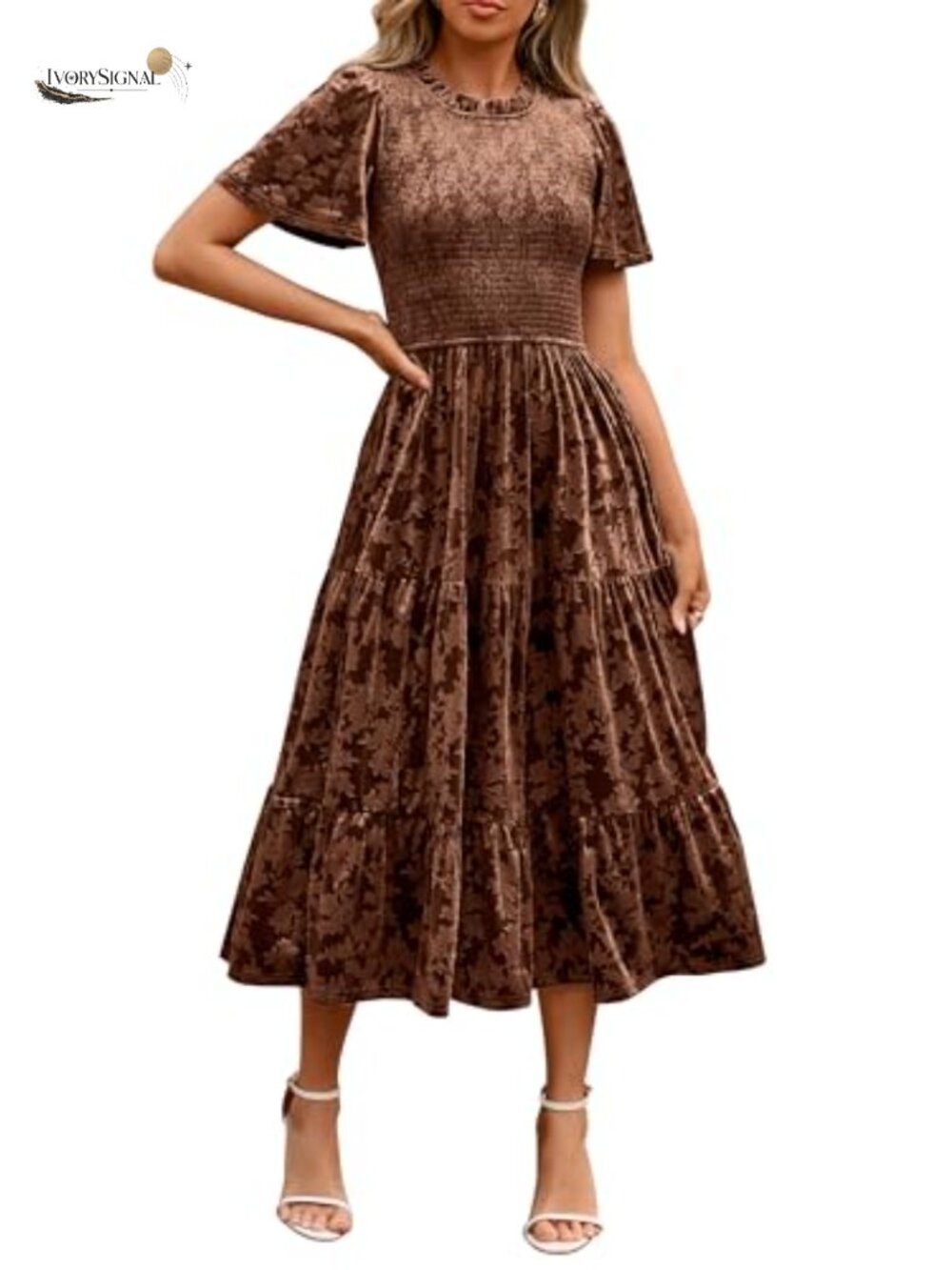 Velvet Floral Smocked High Waist Formal Dress Short Sleeve